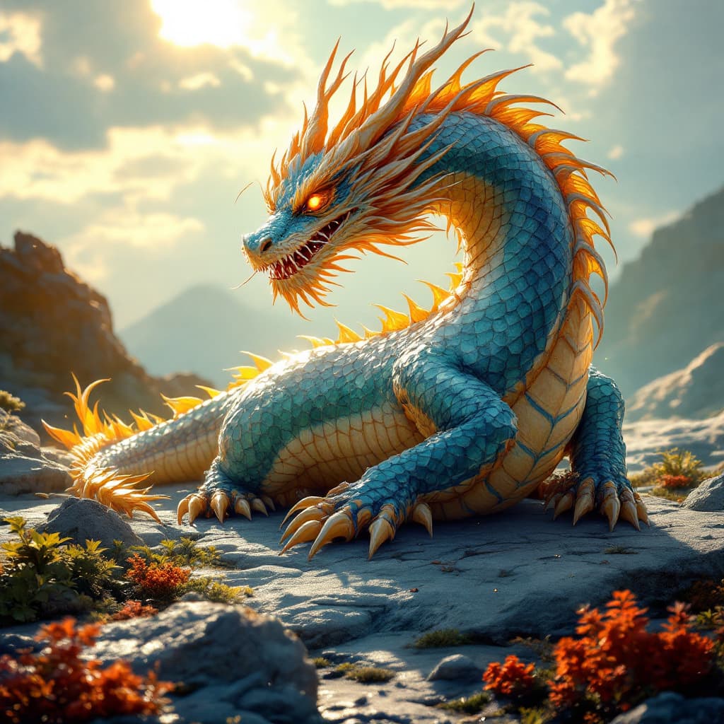 AI generated: An Amphiptere Dragon in all of its splendor on the ground illuminated by the sun