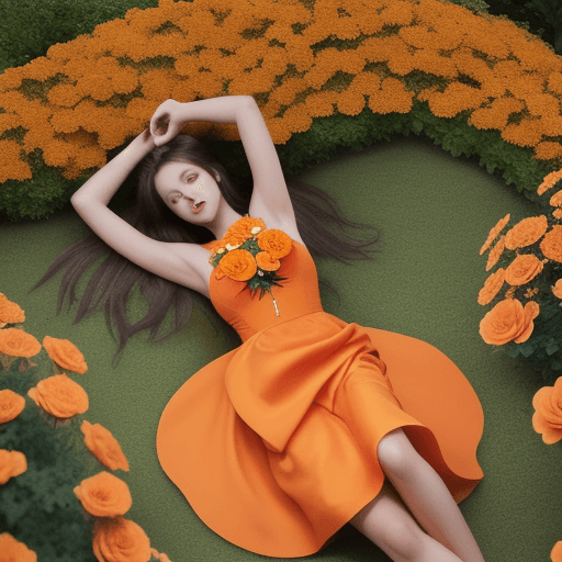 AI generated: photography of beautiful fashion model with orange dress, laying on orange flower bed, --ar 3:4