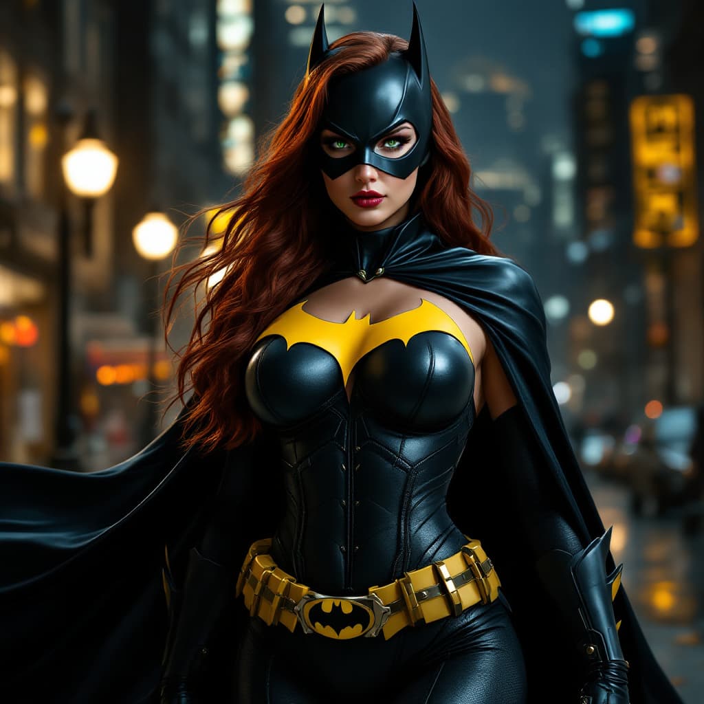 AI generated: full body photo of a voluptuous brunette woman as batgirl, in the style of hyper-detailed, dark yell...