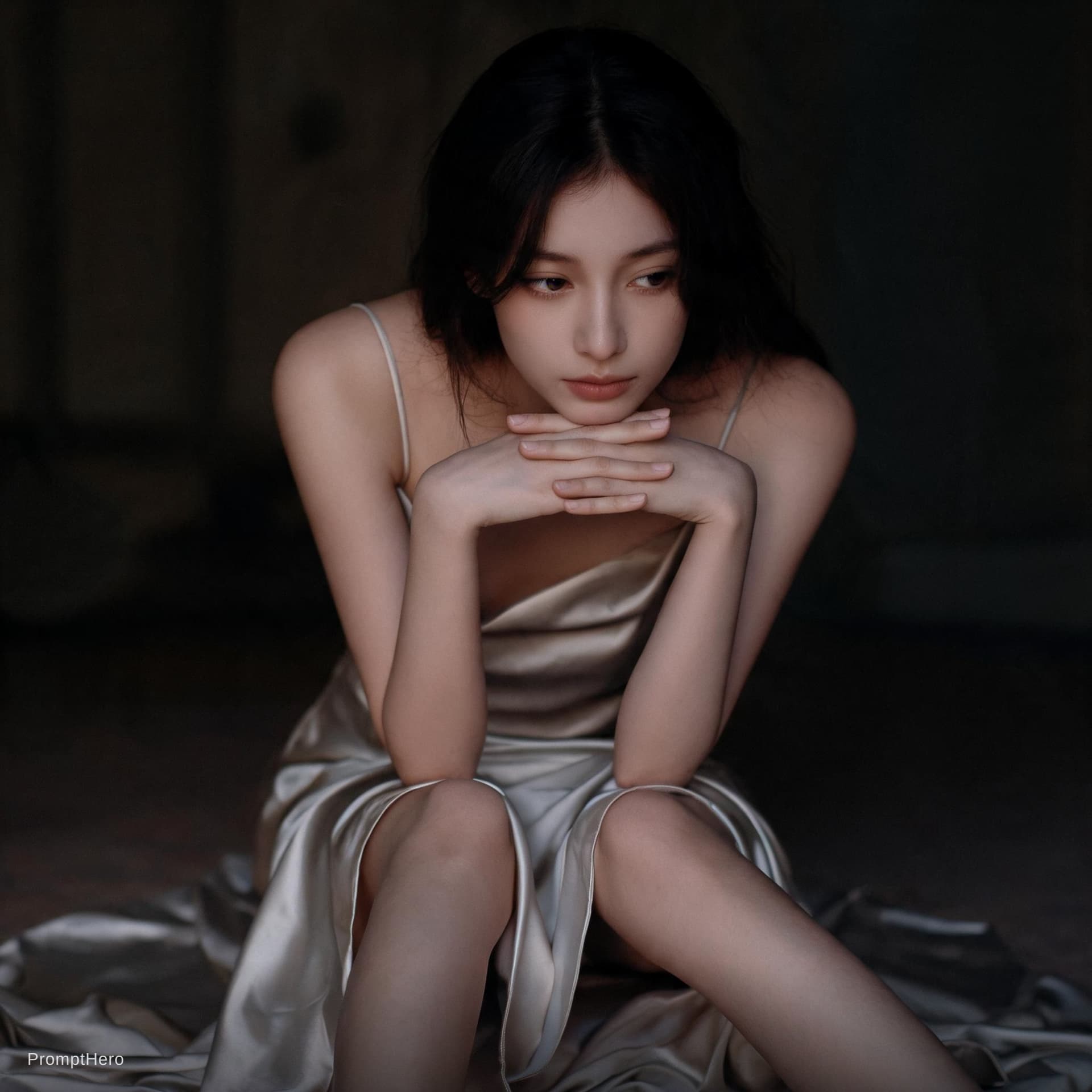 AI generated: woman sits in spaghetti strapped gown, splits on the side, draped between  legs, elbows on knees chi...