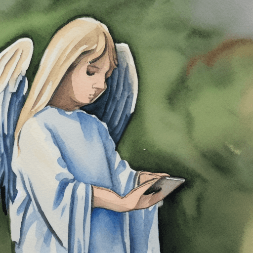 AI generated: a angel silently contemplates as another man is looking at his cell phone in watercolor style
