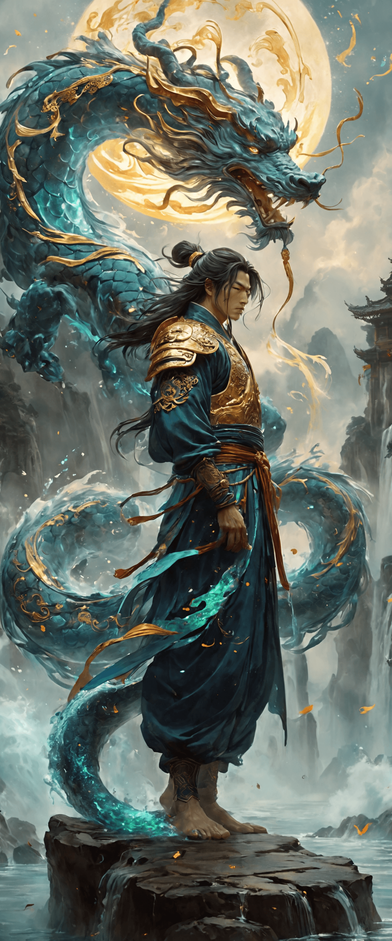 AI generated: A towering male celestial warrior, embodying the essence of Aquarius with the regal grace and intens...