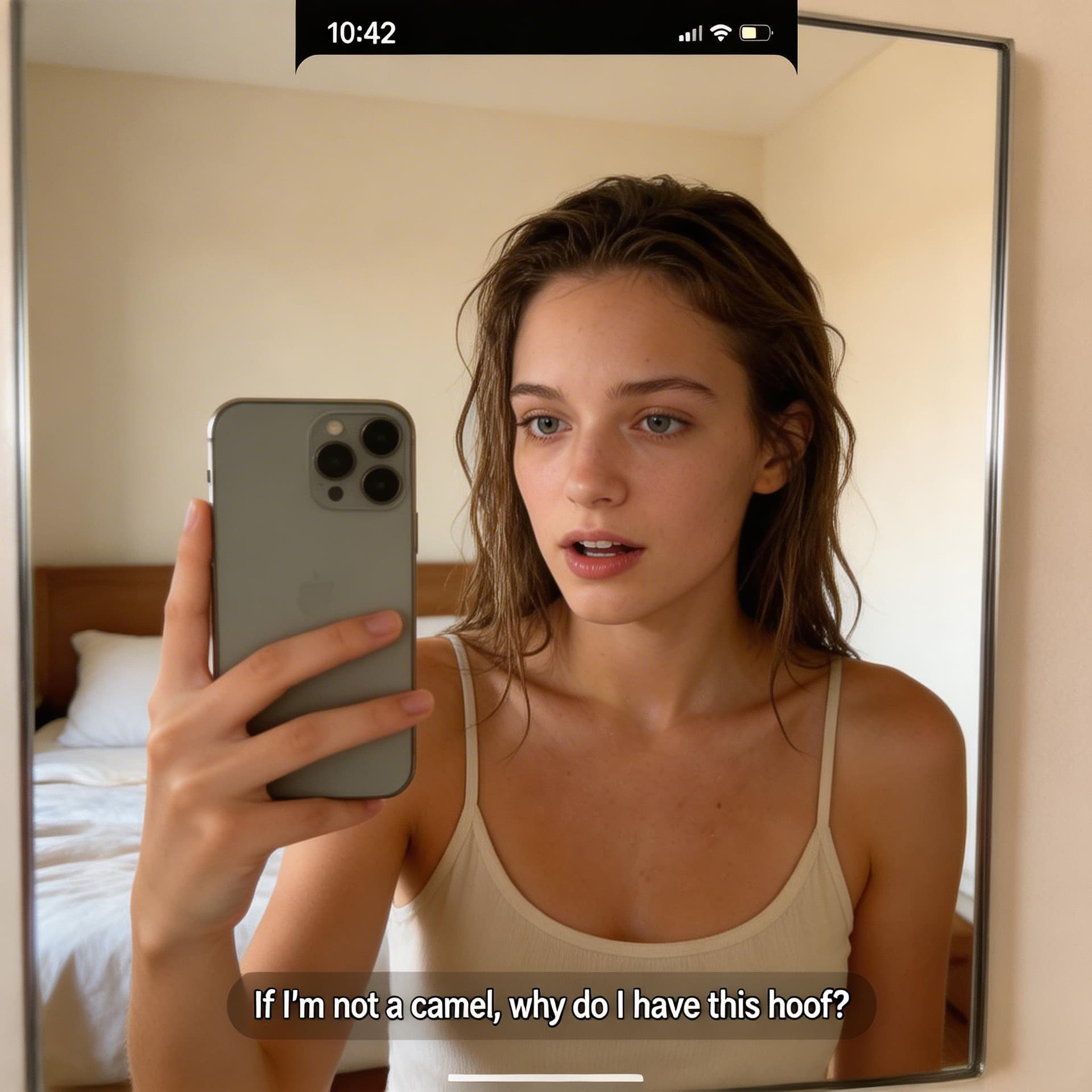 AI generated: A realistic mirror selfie video recorded on an iPhone of a woman standing in a softly lit bedroom. S...