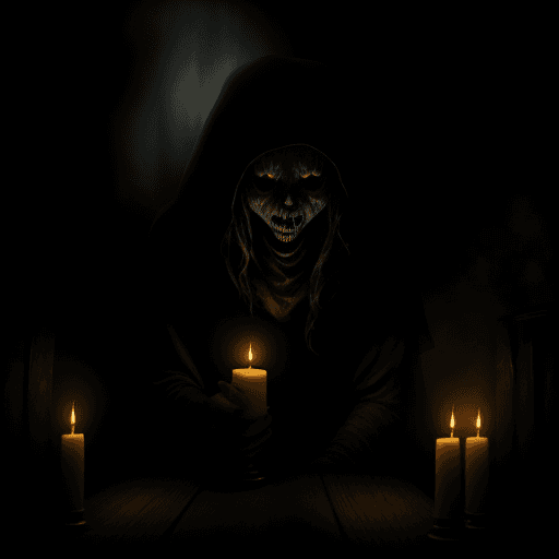 AI generated: spooky story teller in a haunted House,candles,dramatic light,,misty,night,creepy