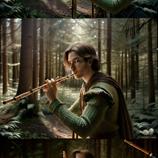 AI generated: an average looking, DnD human, in a forest, plaing a wooden piccolo flute, cinematic light, 4k, phot...