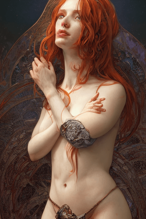 AI generated: 1girl, a real perfect female anatomy of ginger, sweaty naked upper body, beautiful naked woman with ...