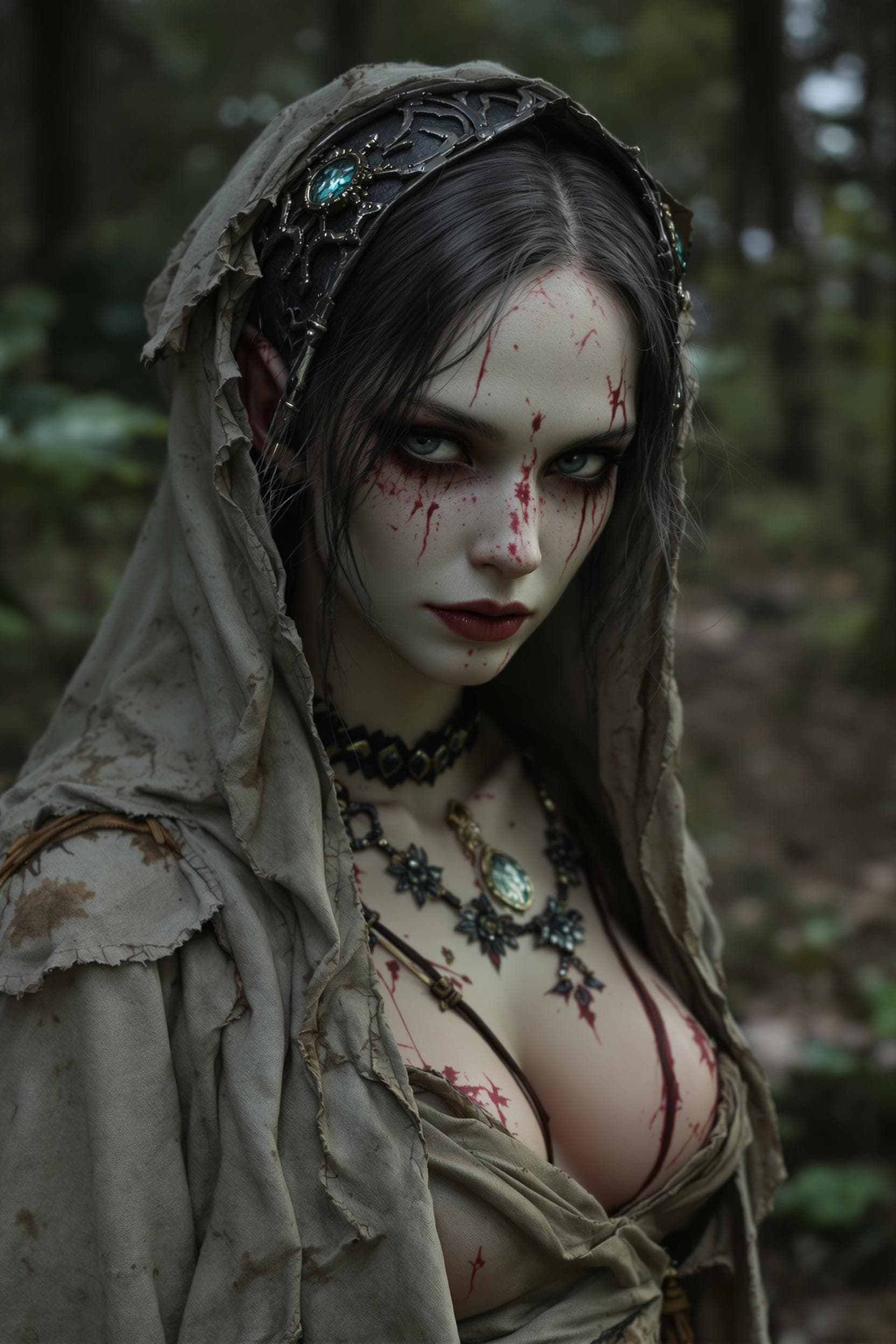 AI generated: 25 year old slender girl, photo of a seductive Dhampir healer, hyper detail, intimate facial express...