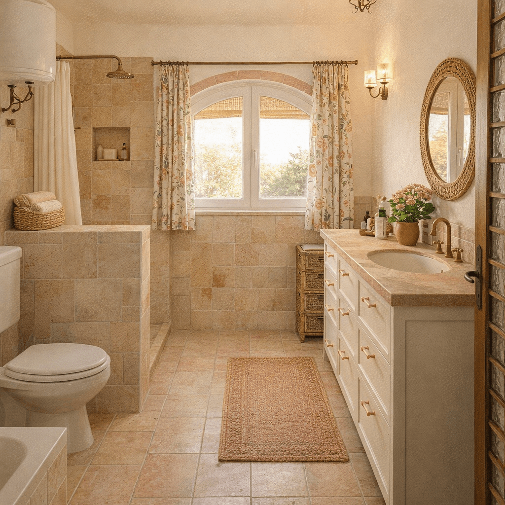 AI generated: Renovate this bathroom while keeping the original architecture and proportions. .Keep the exact prop...