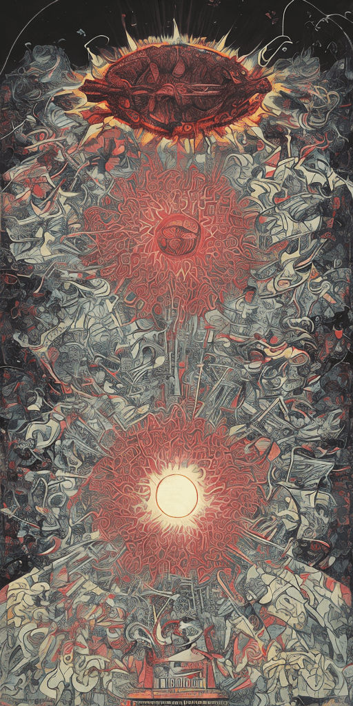 AI generated: crimson infographic of the creation of the sun/chart/schematics/measurements/marginalia/abstract/tar...