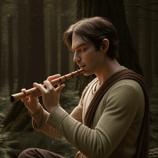 AI generated: an average looking, DnD human, in a forest, plaing a wooden piccolo flute, cinematic light, 4k, phot...