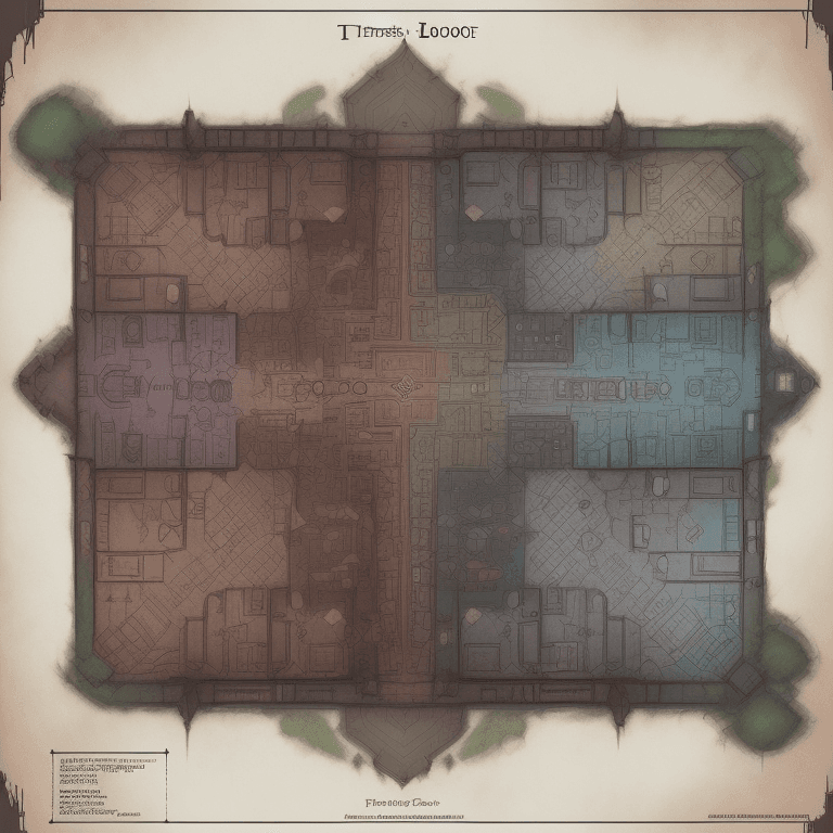 AI generated: full - color fantasy floor plan map of a dungeon, d & d, pathfinder, by jeff todd and greg rutkowski...