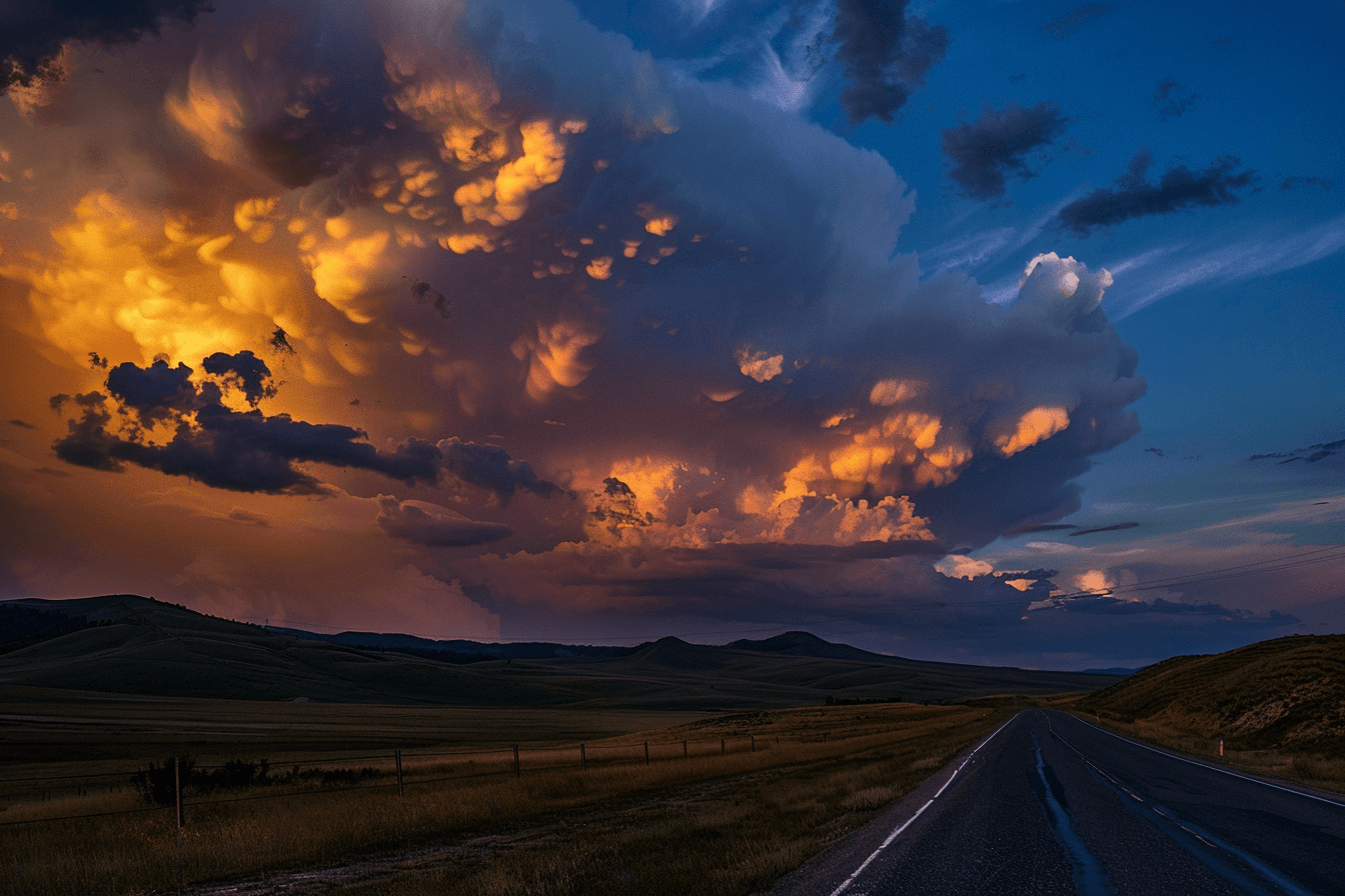 AI generated: a deserted highway with lightening in the sky behind white clouds, in the style of tang dynasty, nik...