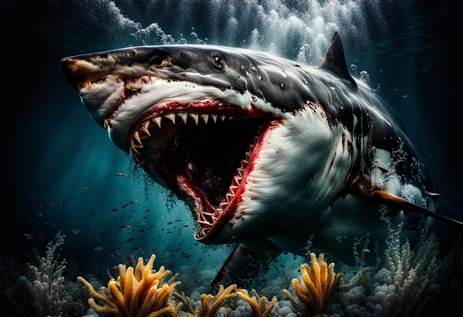 AI generated: 500mm grunge photo of underwater scenery and an insane realistic and dangerous White shark opening i...