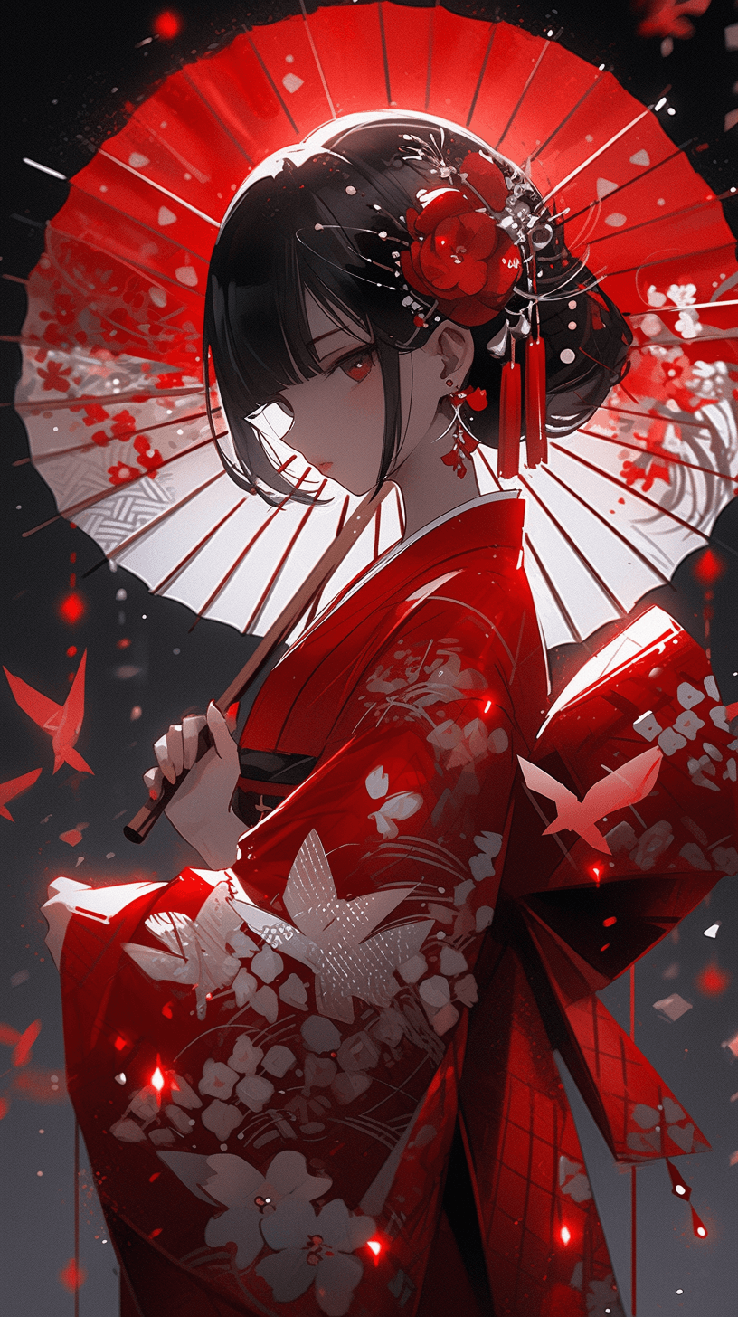 AI generated: the geisha is wearing red and white, in the style of ray caesar, snow scenes, unreal engine 5, close...