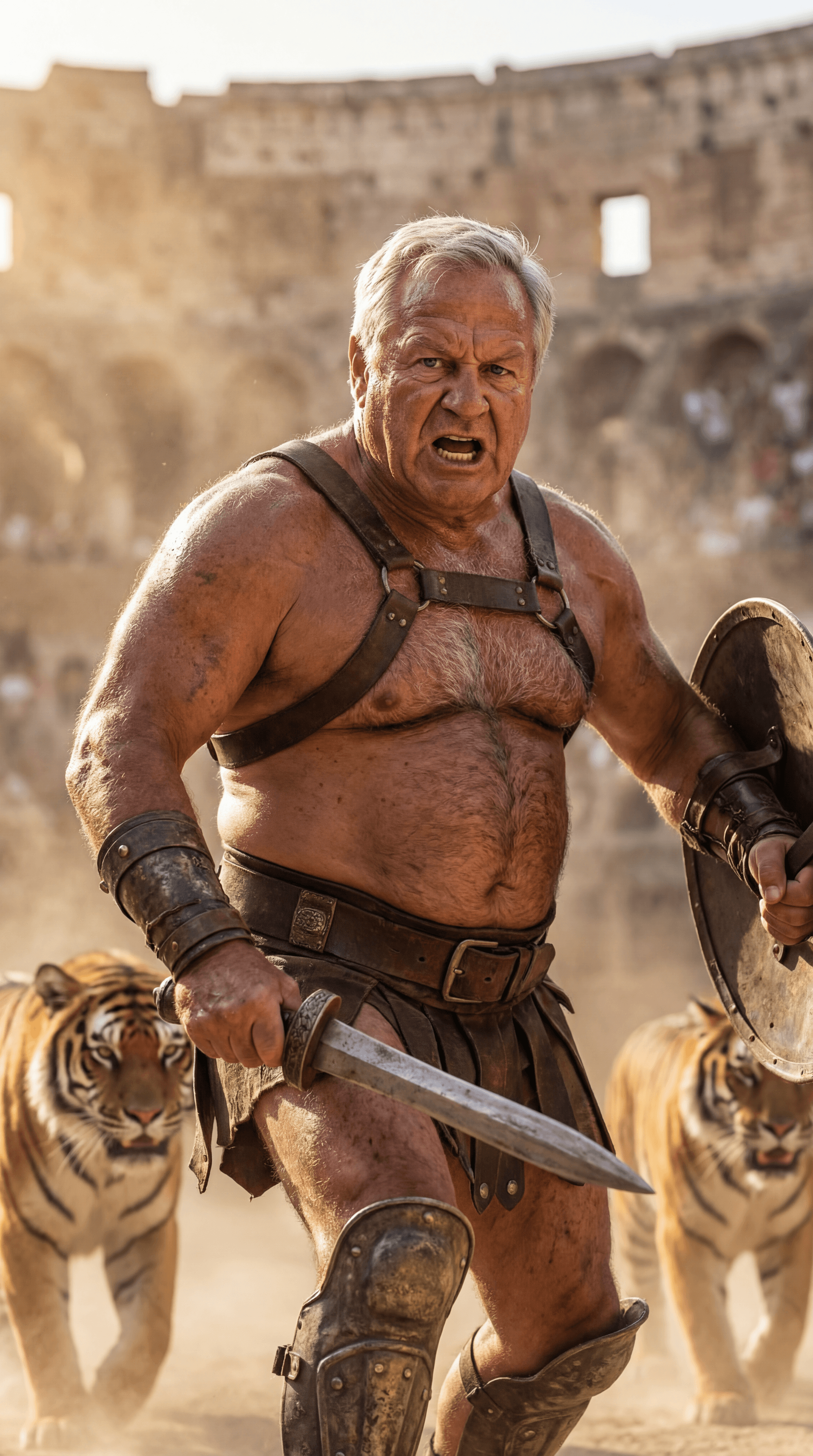 AI generated: Ultra-realistic documentary-style action photography inside the Roman Colosseum, extremely white hai...