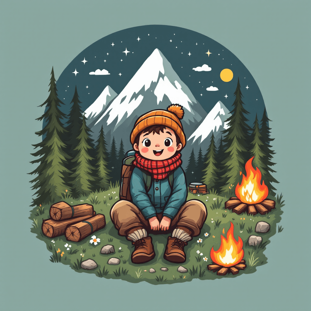 AI generated: Create a HIGH Resolution and eye-catching design like a Little Adventurer" with cute mountain/campin...