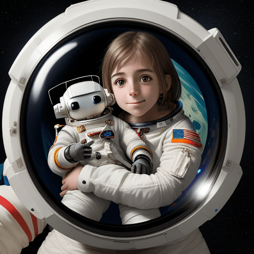 AI generated:  an astronaut girl and her small robot friend 
hugging insde a space station portuguese
 
