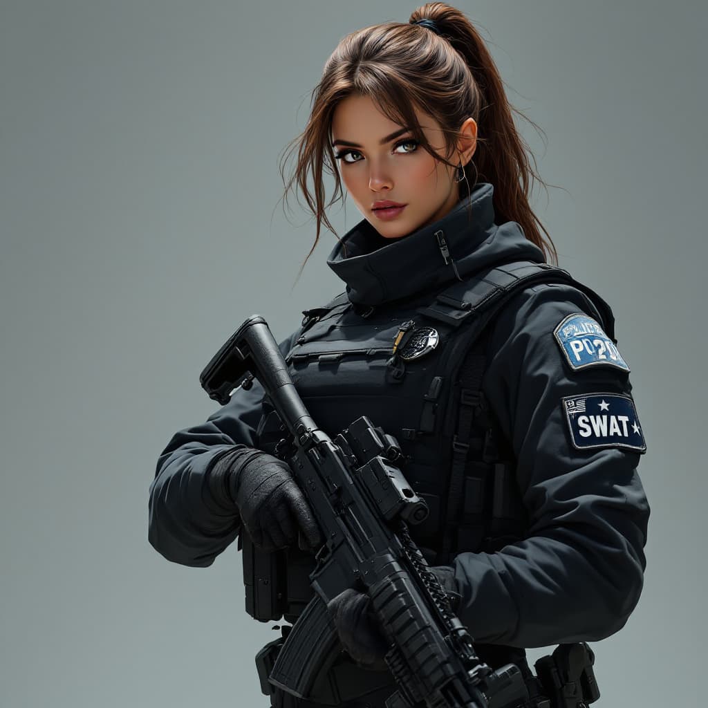 AI generated: anime ,full body portrait woman a powerful and dignified portrait of a SWAT officer, carry the P90 g...