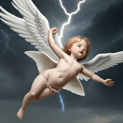 AI generated: cherubic angel falling from the sky with lightning being struck in the chest