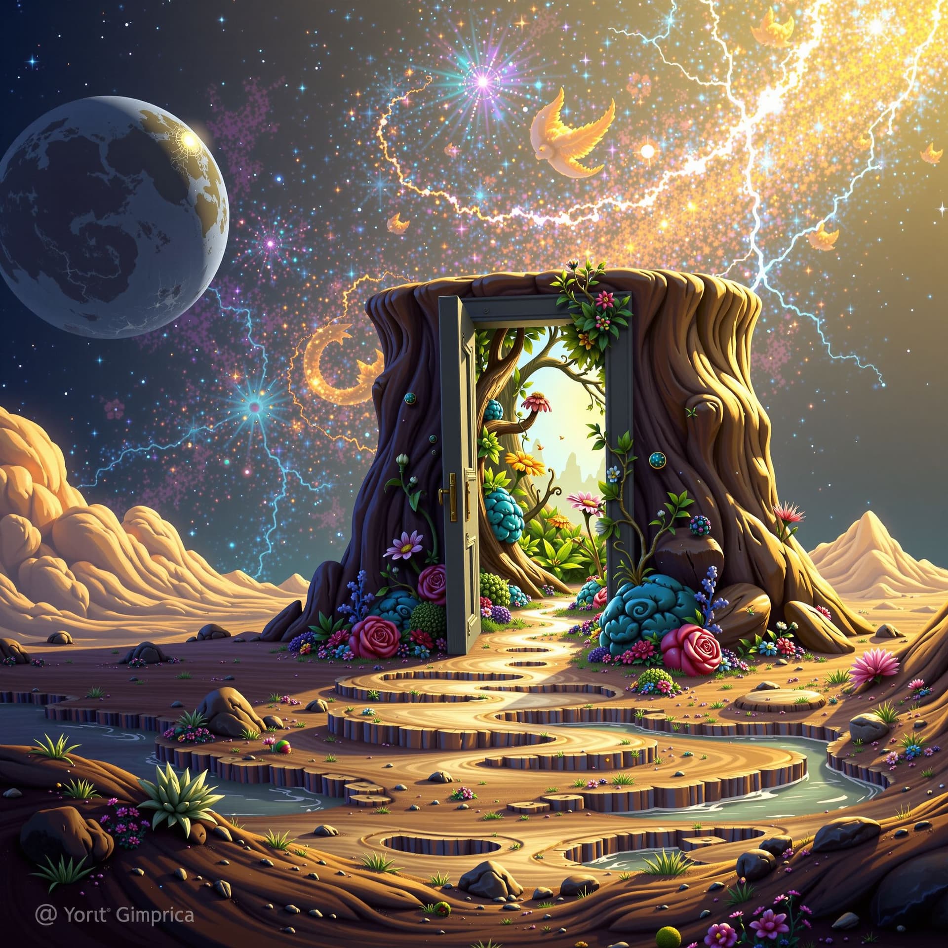 AI generated: A solitary doorway floating in a cosmic void, opening to a vibrant, impossible alien ecosystem. Surr...