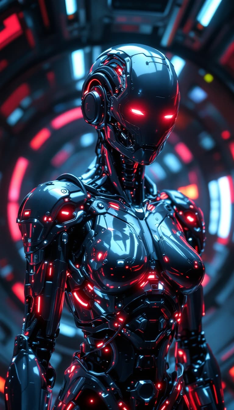 AI generated: Ultra-detailed cyborg in a spaceship, with anthropomorphic cybernetic skeleton elements on metal arm...