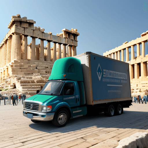 AI generated: High resolution photography, moving company, logo is celebrity, moving truck in front of athens part...