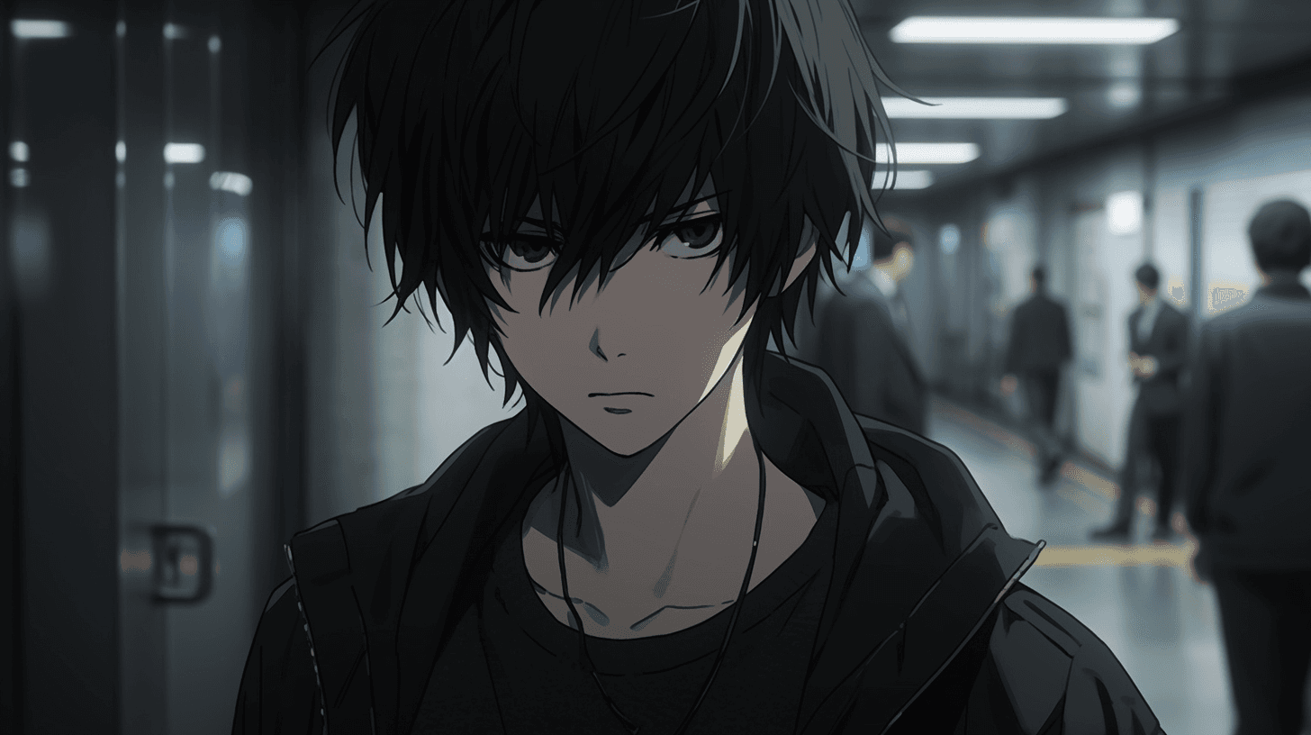 AI generated: Anime guy, young man, black hair, dark brown eyes, fair complexion, hot, cute, wearing street modern...