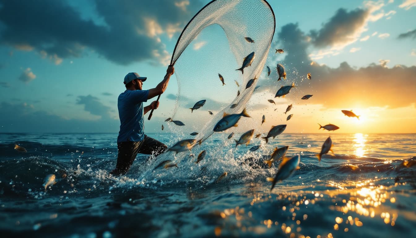 AI generated: A dramatic and cinematic scene of a fisherman standing knee-deep in water, wearing a blue t-shirt an...