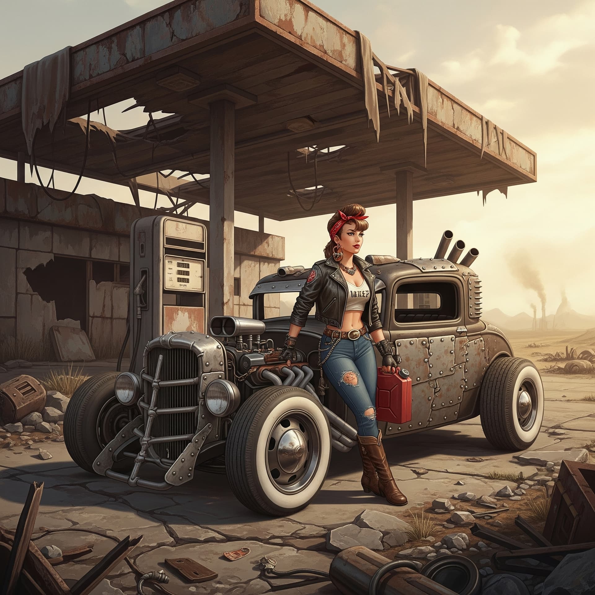 AI generated: A pin-up illustration with a much stronger, grittier post-apocalyptic theme. The scene is set in the...