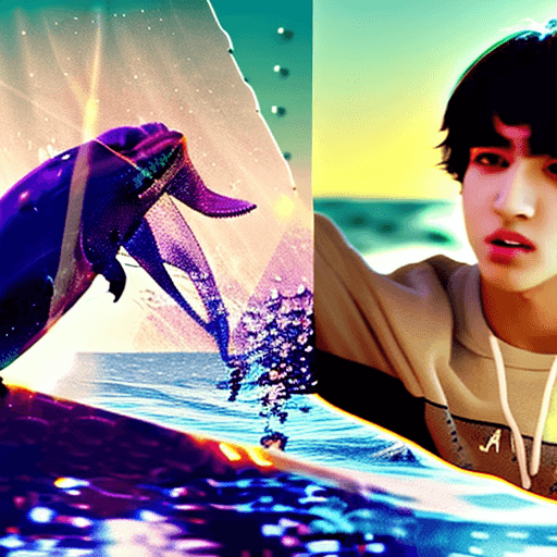 AI generated: stray kids felix lee on dolphin in the ocean explosion behind super cinematic and romantic 8k