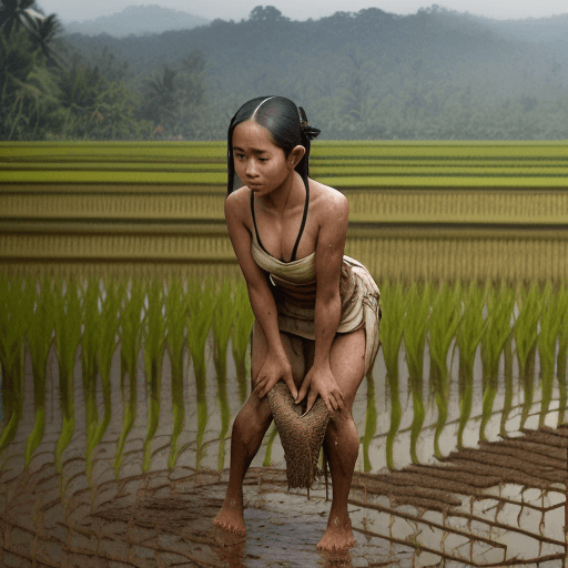 AI generated: BALINESE woman at the rice field with her upper body bent over 90 degrees at the waist, her arms are...