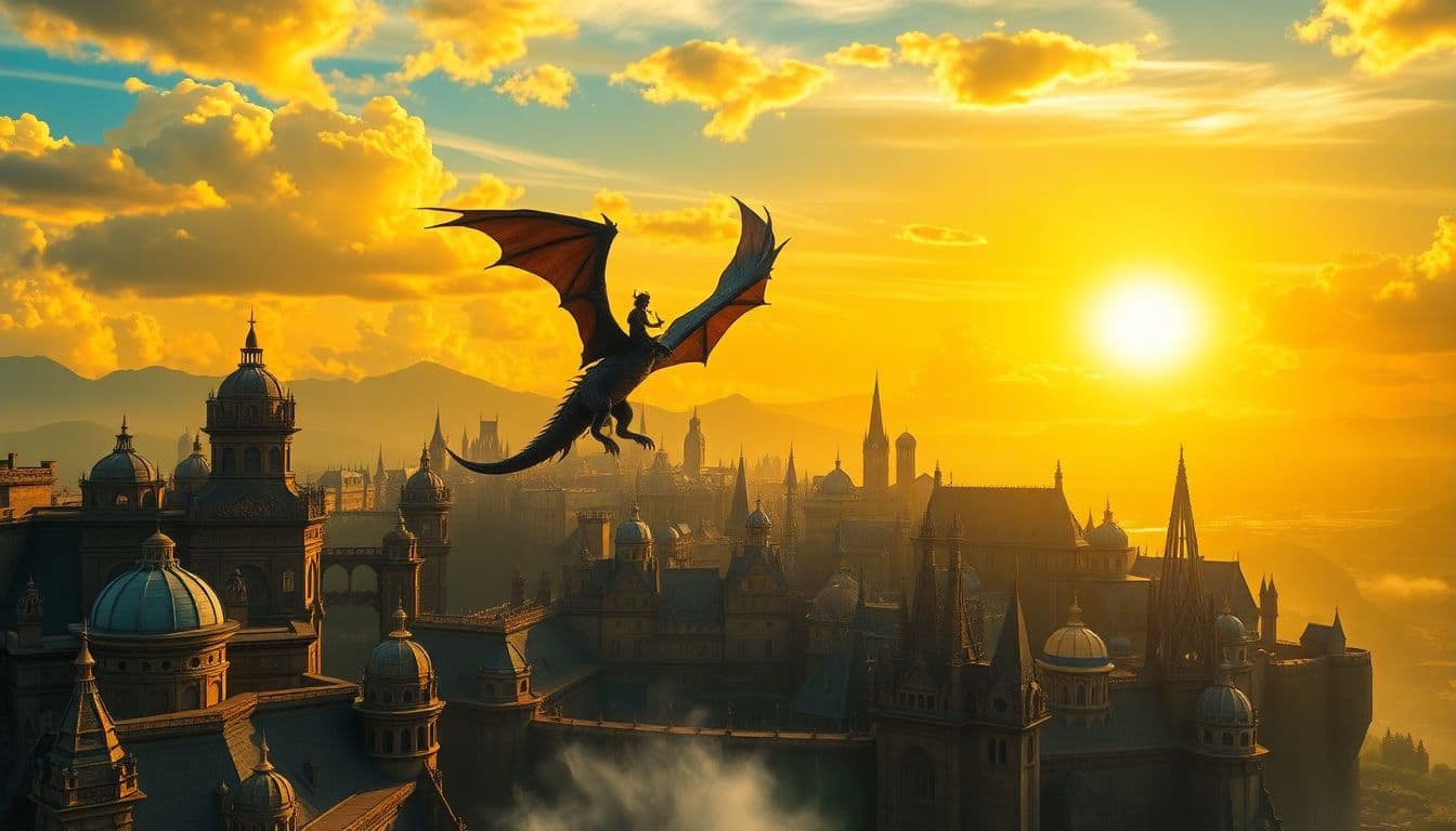 AI generated: a fantastical cityscape with a large winged creature soaring above it, set against a vibrant yellow ...