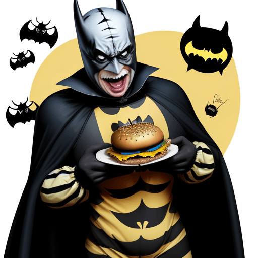 AI generated: beetle juice in  batman costume eating a cheeseburger with beetles