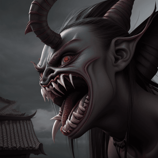 AI generated: Aswang, female scary creature with fangs, at the roof of a house fighting with a knigth, Philippines...