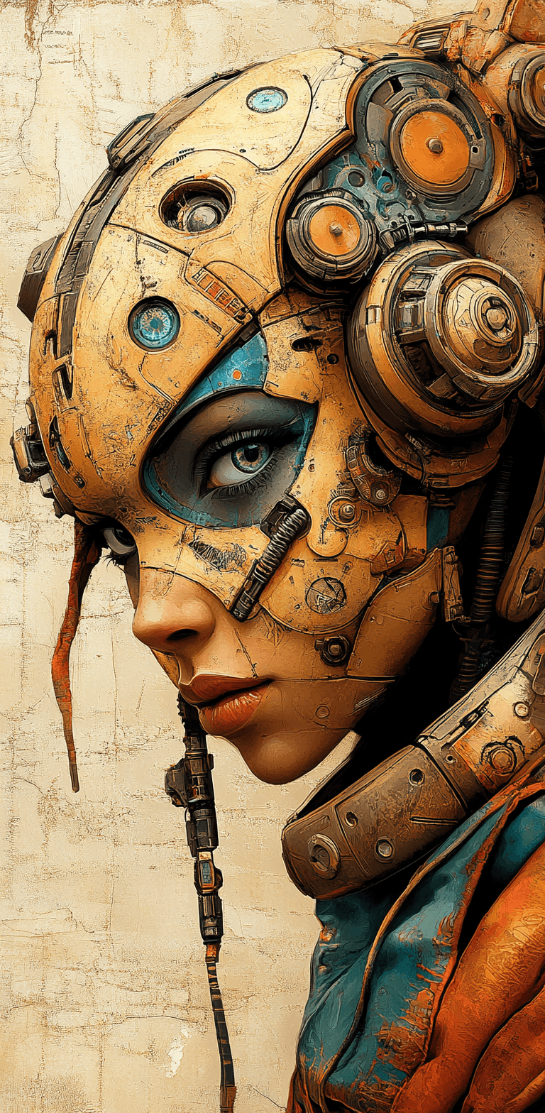 AI generated: beautiful female with a futuristic-looking face, in the style of fantastical contraptions, facing fo...