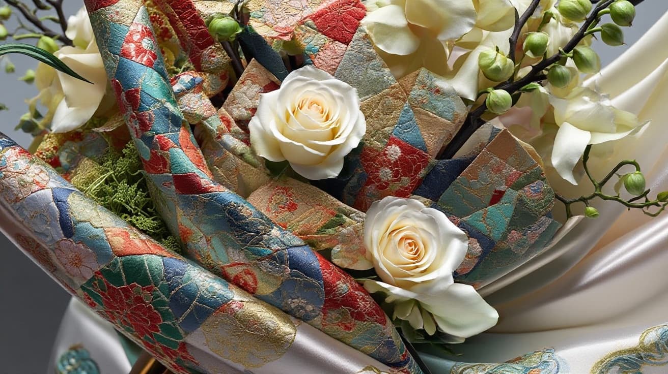 AI generated:  a work of art  in a  glossy satin silk fabric white rose  in 3d, each petals are  made of contrasti...