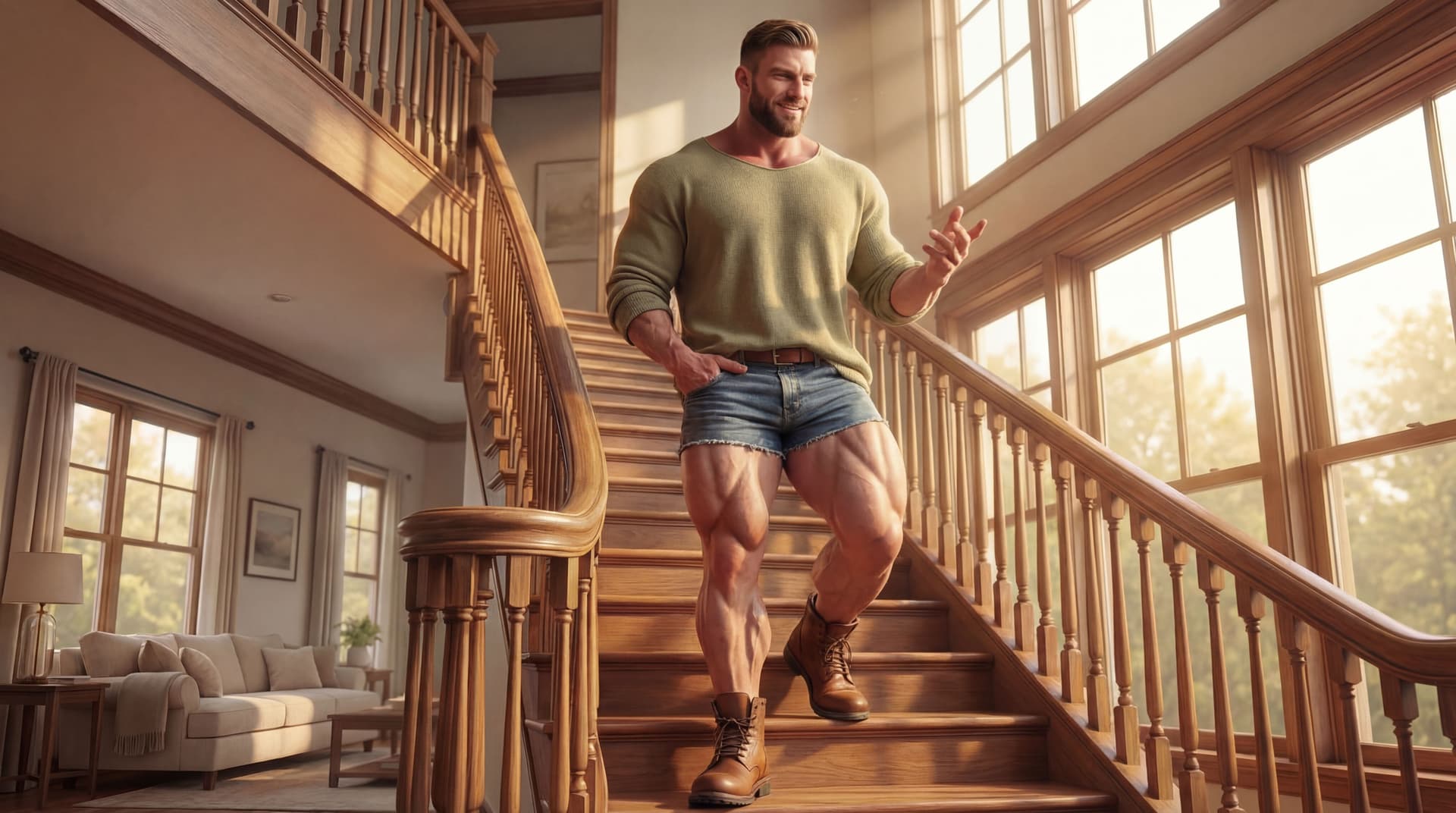 AI generated: The model has one hand on his pocket. He is expressing conversation with the other hand. 