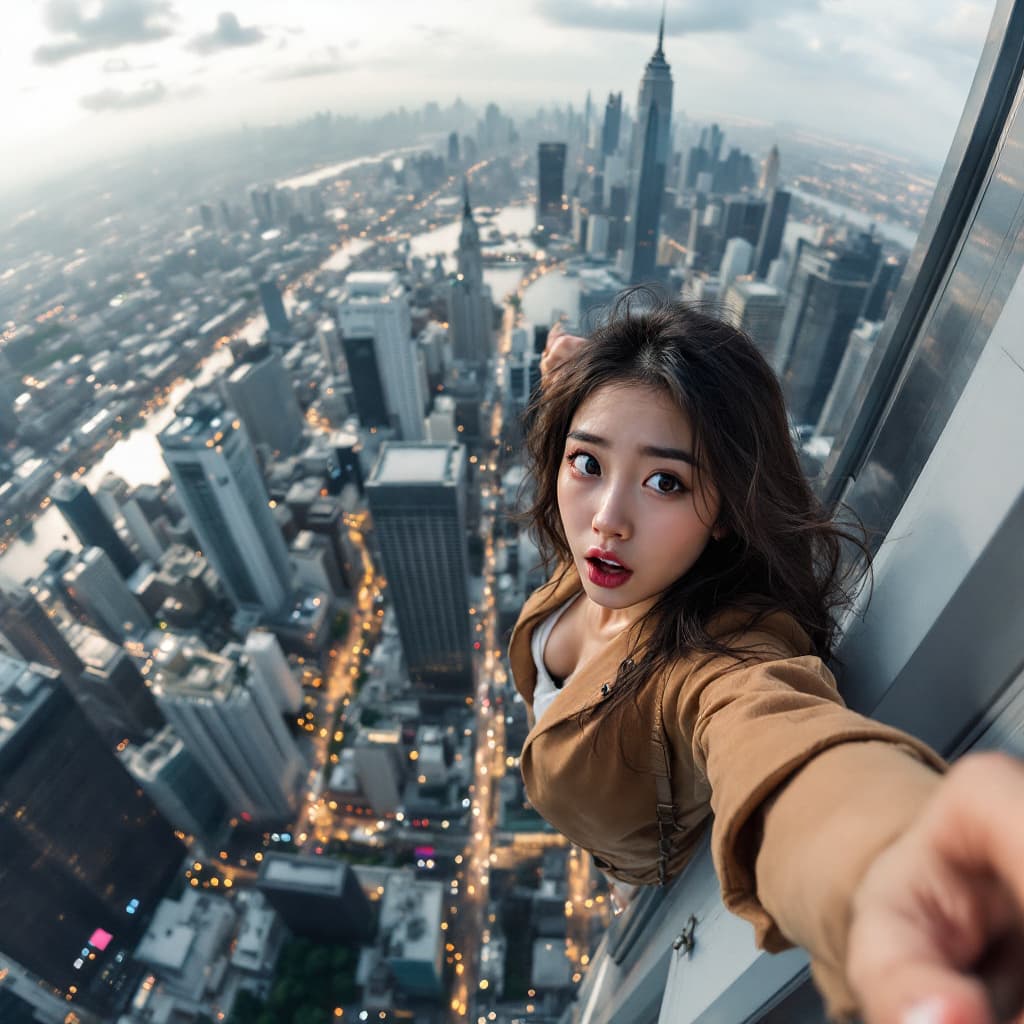 AI generated: Acrophobia composition, a worried Japanese pretty female hangs from the roof of a skyscraper, clingi...