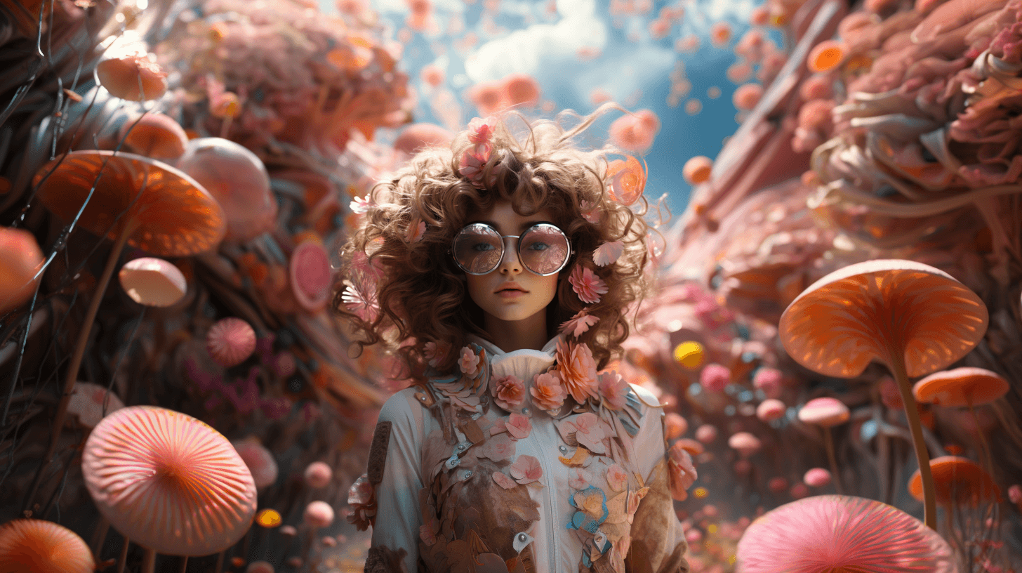 AI generated: portrait of a beautiful strange girl 6 years old in a pink futuristic dress posing for a picture, pi...