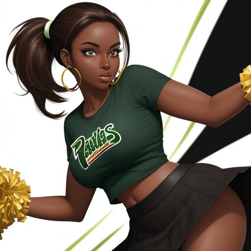AI generated: Comics, pandad, brown hair, dark skin, green eyes, huge breasts, two tone hair, hoop earrings, singl...