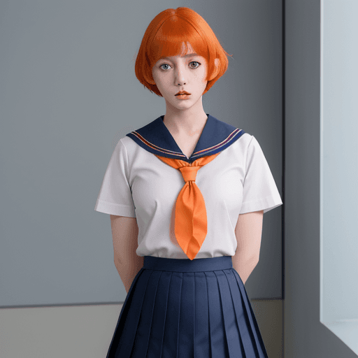 AI generated: 1girl, school uniform, serafuku, sailor collar, neckerchief, orange hair, blue eyes, pleated skirt, ...