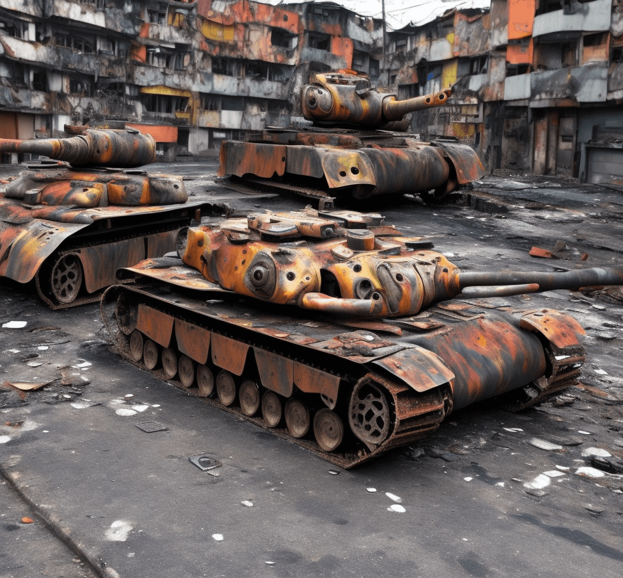 AI generated: a  lost  rusted camo  german Tiger tank  is dead. It is lying on  the ground in the street in a  fav...