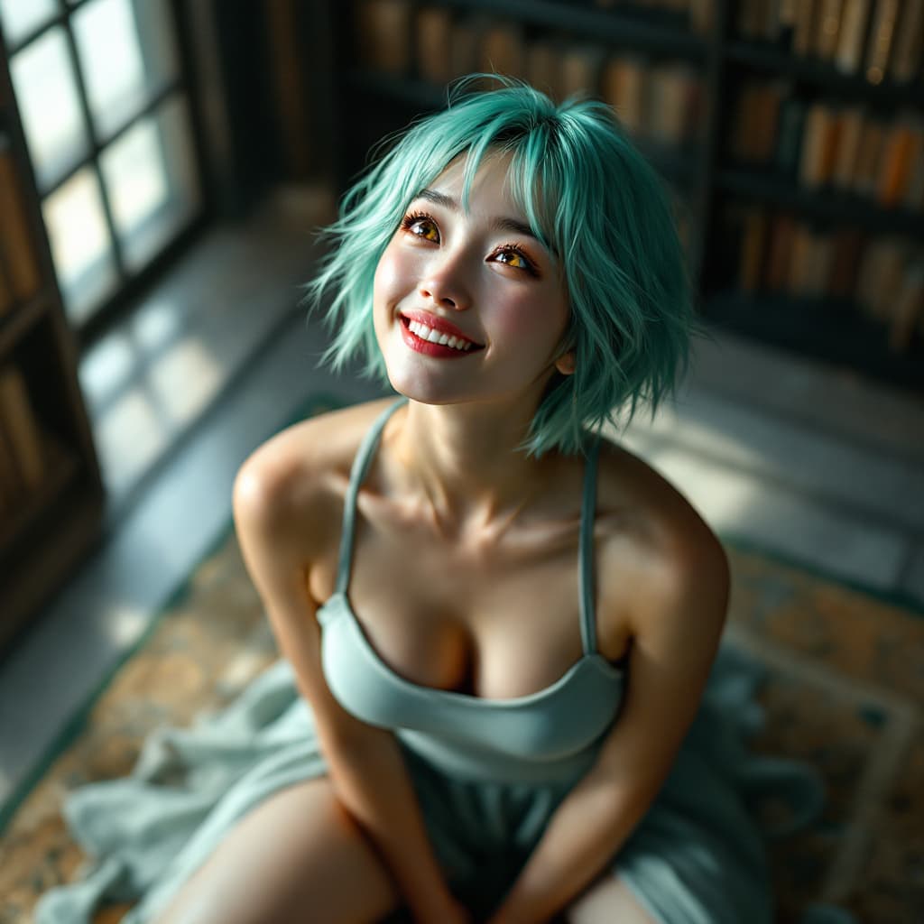 AI generated: a Japanese women,full body, Angled photo of a young lady in seiza pose, short seafoam green hair, go...