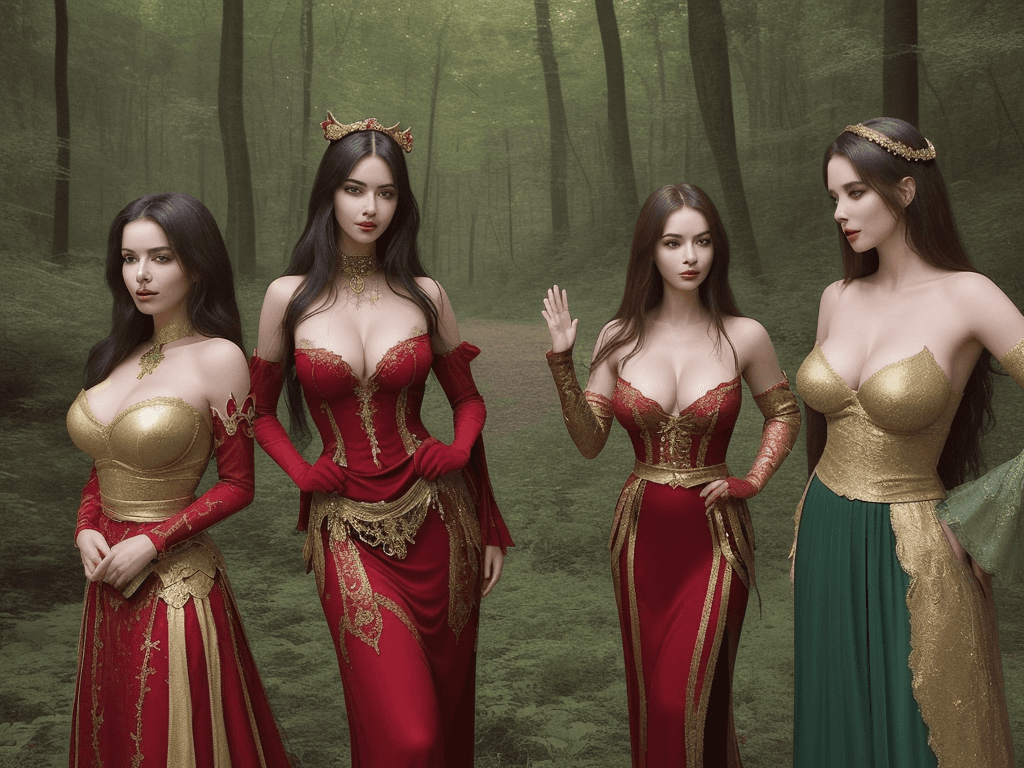 AI generated: a captivating portrait of three lithe stunningly beautiful large bosomed women, each dressed in elab...