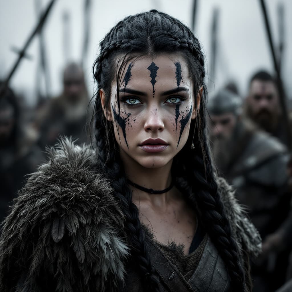 AI generated: a Viking warrior woman with braided hair, wearing war paint on her face, feathers in her long black ...
