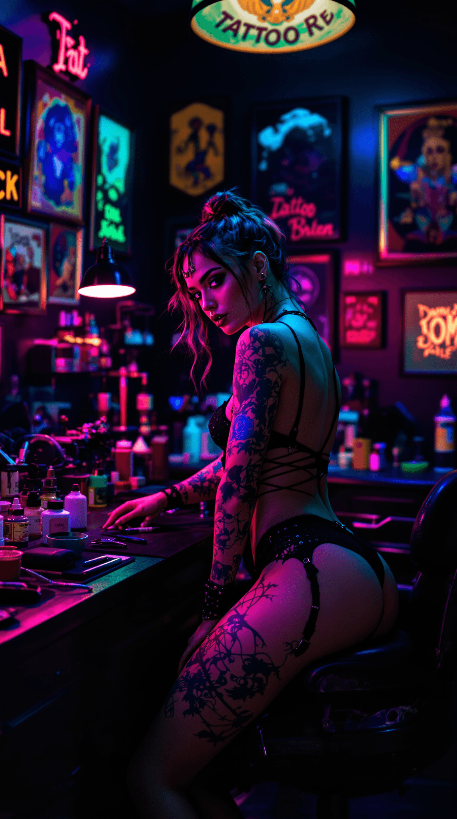 AI generated: a bold and edgy portrait of a tattoo artist working in a vibrant, neon-lit studio. The woman exudes ...