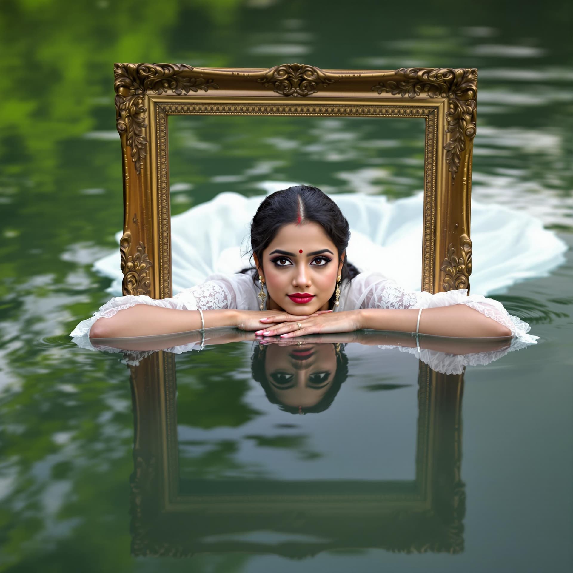 AI generated: A visually captivating photograph shows a Kerala woman submerged in water up to her shoulders, frame...