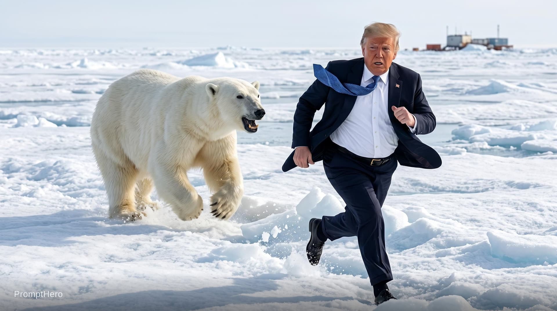 AI generated: The person in the photo is running away from a polar bear. The scene is set on the Arctic ice. It's ...