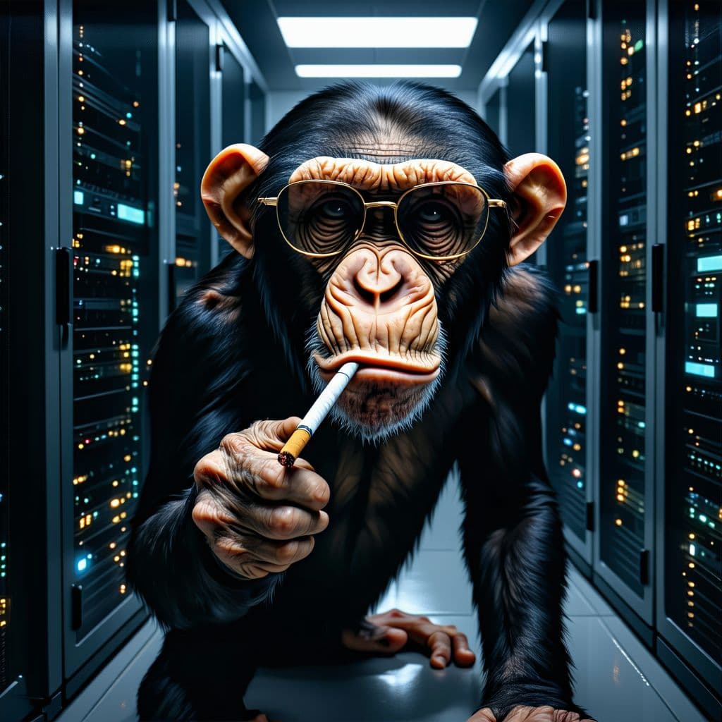 AI generated: Hyper realistic eye level photo of a monkey with shades and a cigarette like the godfather in a serv...