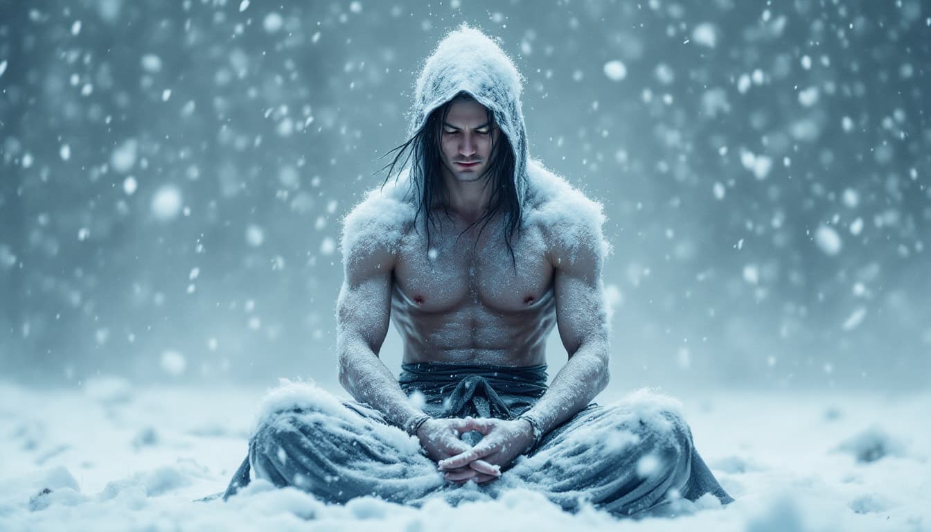 AI generated:  A hyper-realistic, cinematic image of a lone ninja sitting in deep meditation amidst a violent bliz...